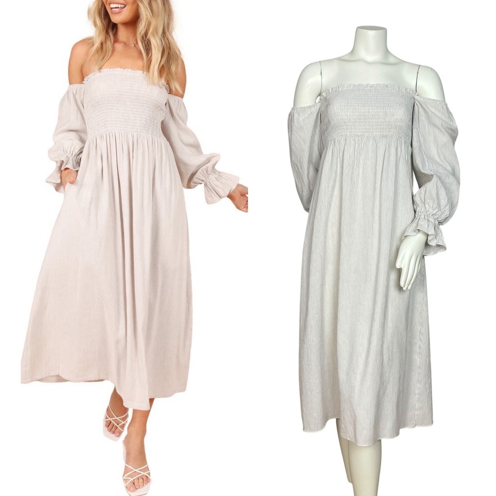 Petal + Pup Off The Shoulder Dress Domenica Striped Neutral Women 2 Midi Smocked